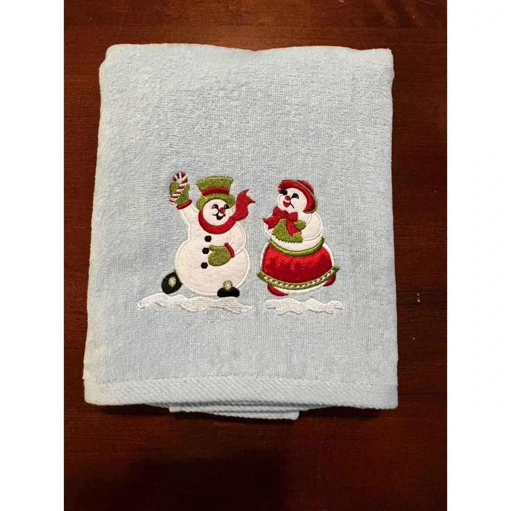 VTG Kmart Trim A Home Embroidered Snowmen‎ Couple Holiday Towel Light Blue NOS